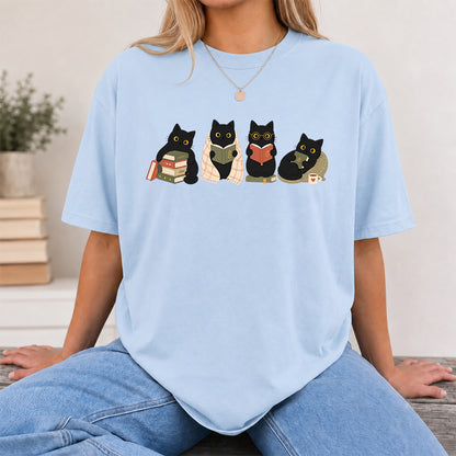 Black Cats Reading Softstyle T-Shirt | Book Lover Gift Light Blue