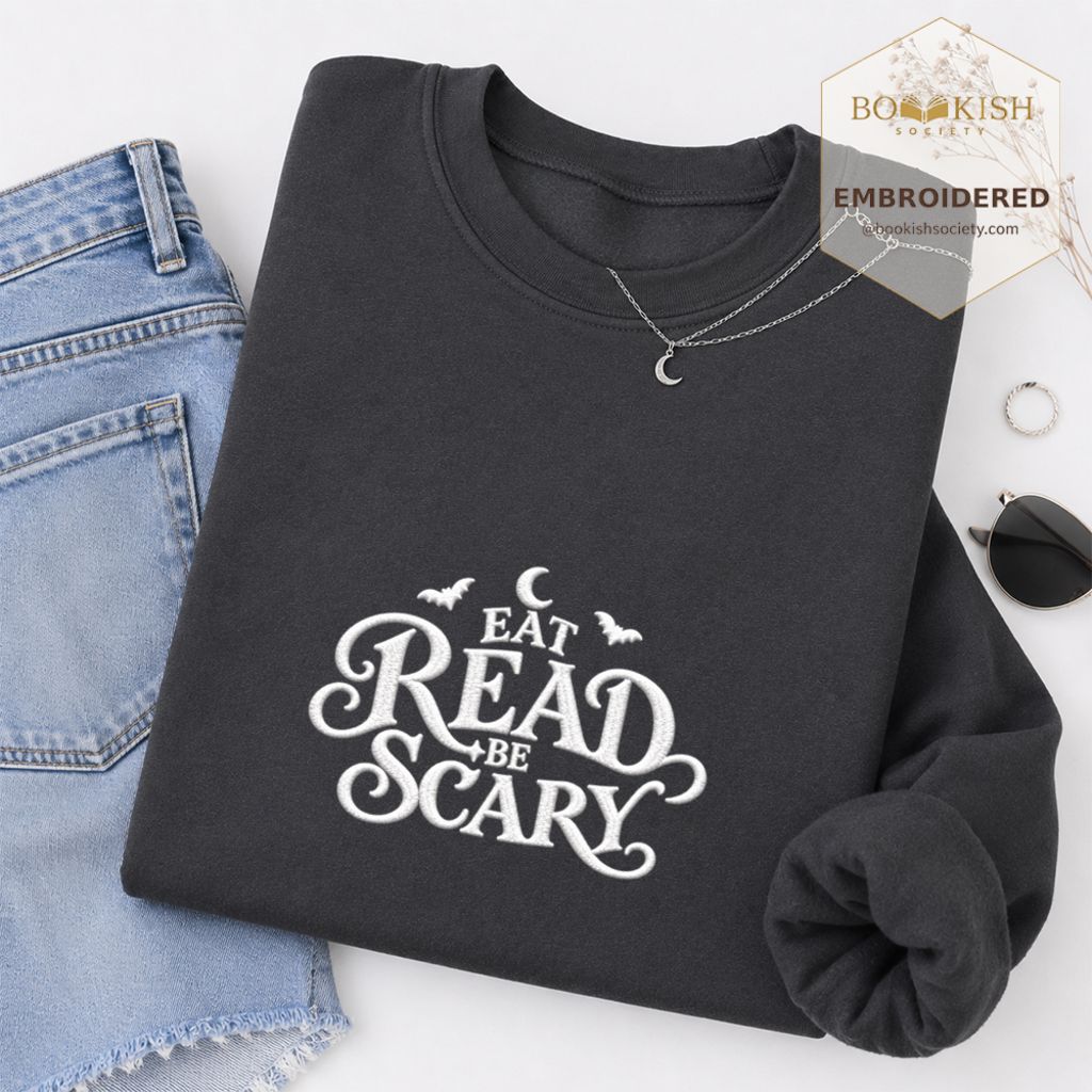 Eat Read Be Scary Embroidered Sweatshirt | Halloween Book Lover Gift Dark Heather
