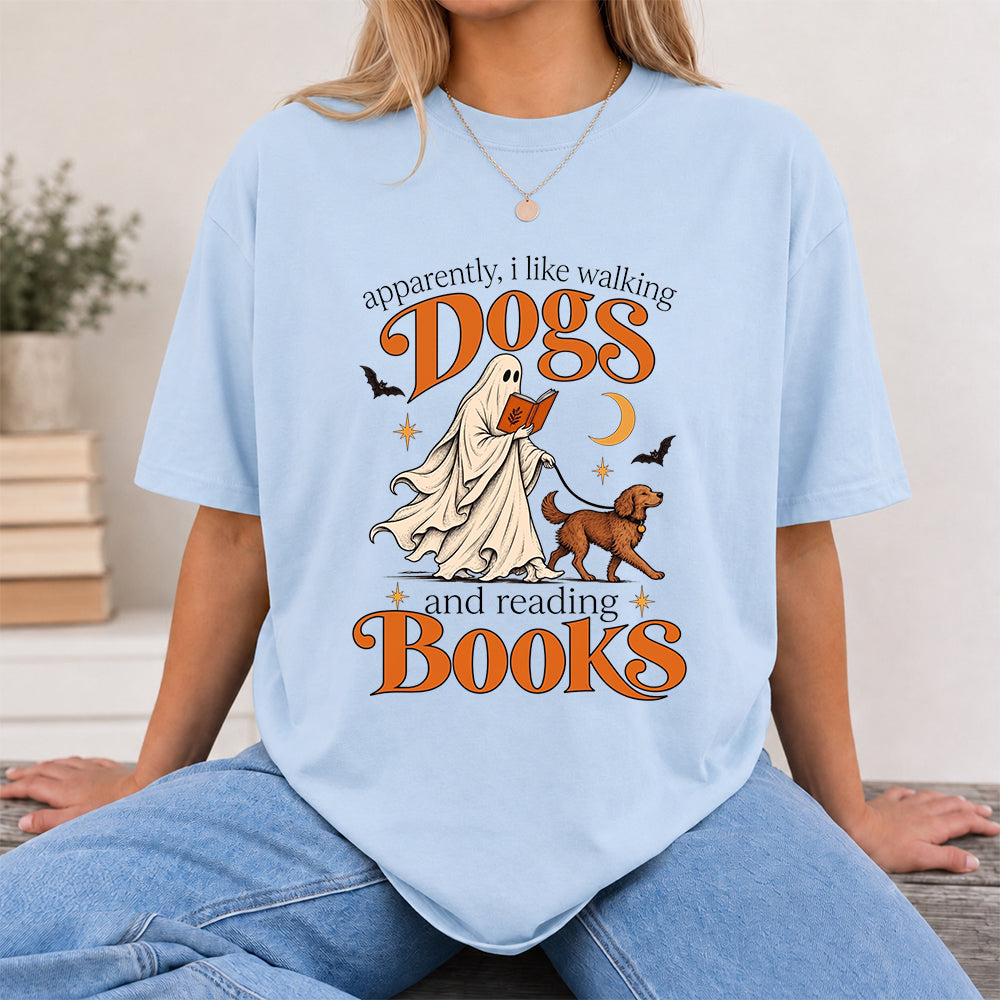 Apparently I Like Walking Dogs And Reading Books Printed T-Shirt | Halloween Dog Lover Reader Gift Light Blue