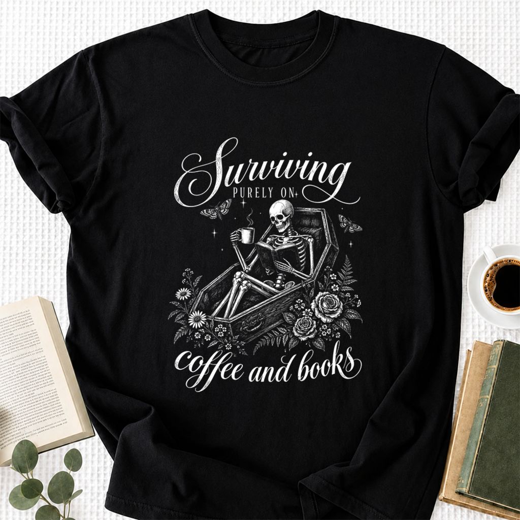 Surviving Purely On Coffee And Books Printed T-Shirt | Halloween Book Lover Gift Black