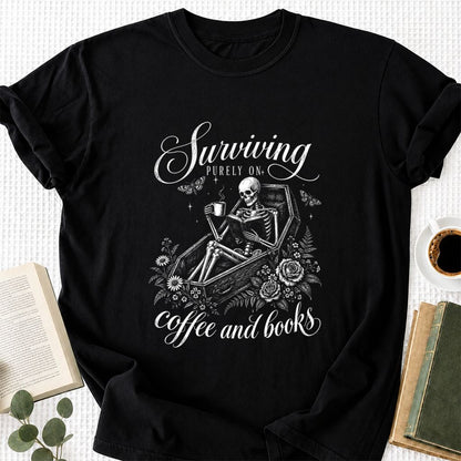Surviving Purely On Coffee And Books Printed T-Shirt | Halloween Book Lover Gift Black