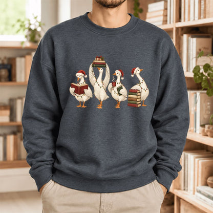 Christmas Reading Ducks Softstyle Sweatshirt | Christmas Book Lover Gift Dark Heather