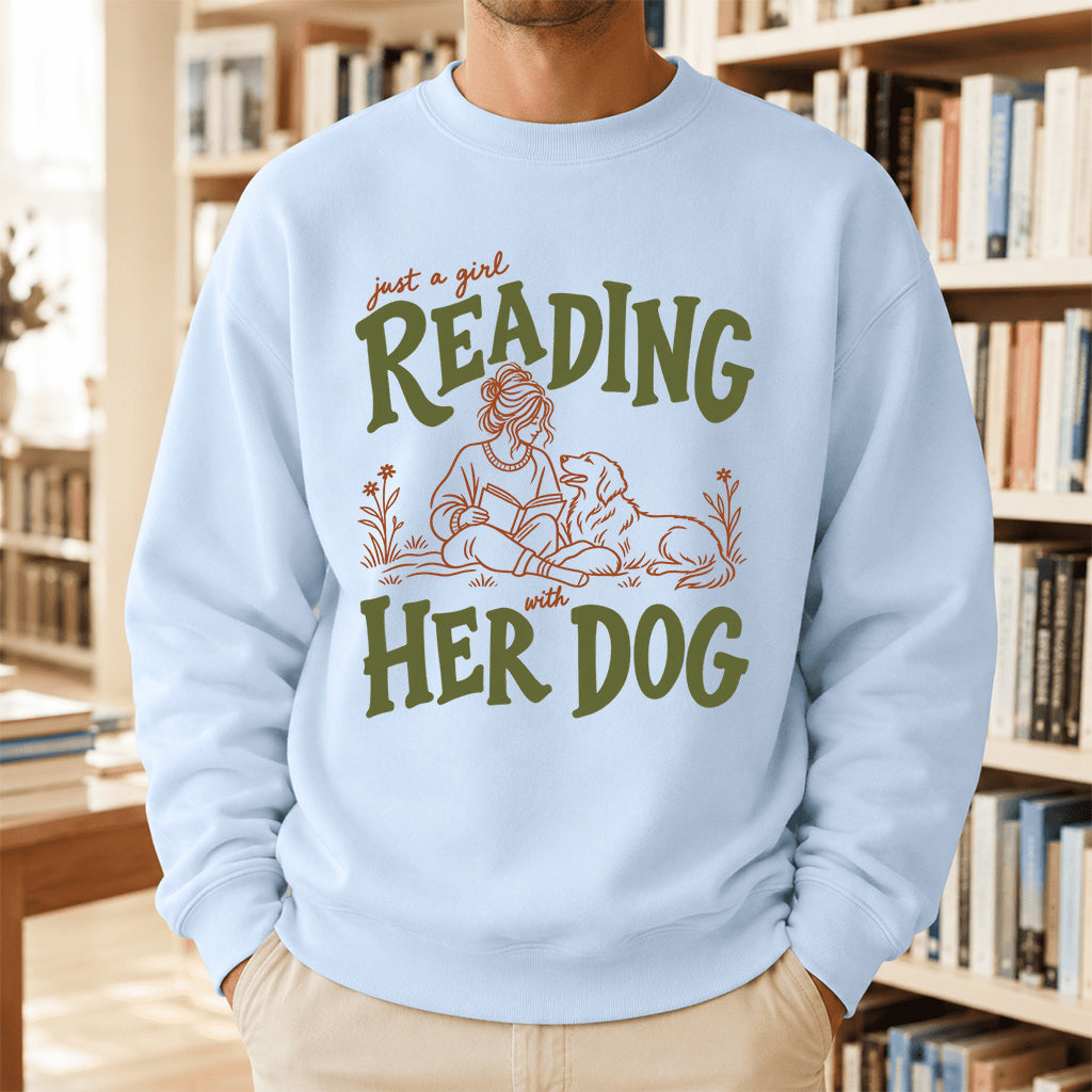 Just A Girl Reading With Her Dog Crewneck Sweatshirt | Reader Gift Light Blue