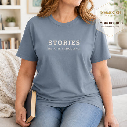 Embroidered Stories Before Scrolling Comfort Color® T-shirt Book Lover Gift Blue Jean