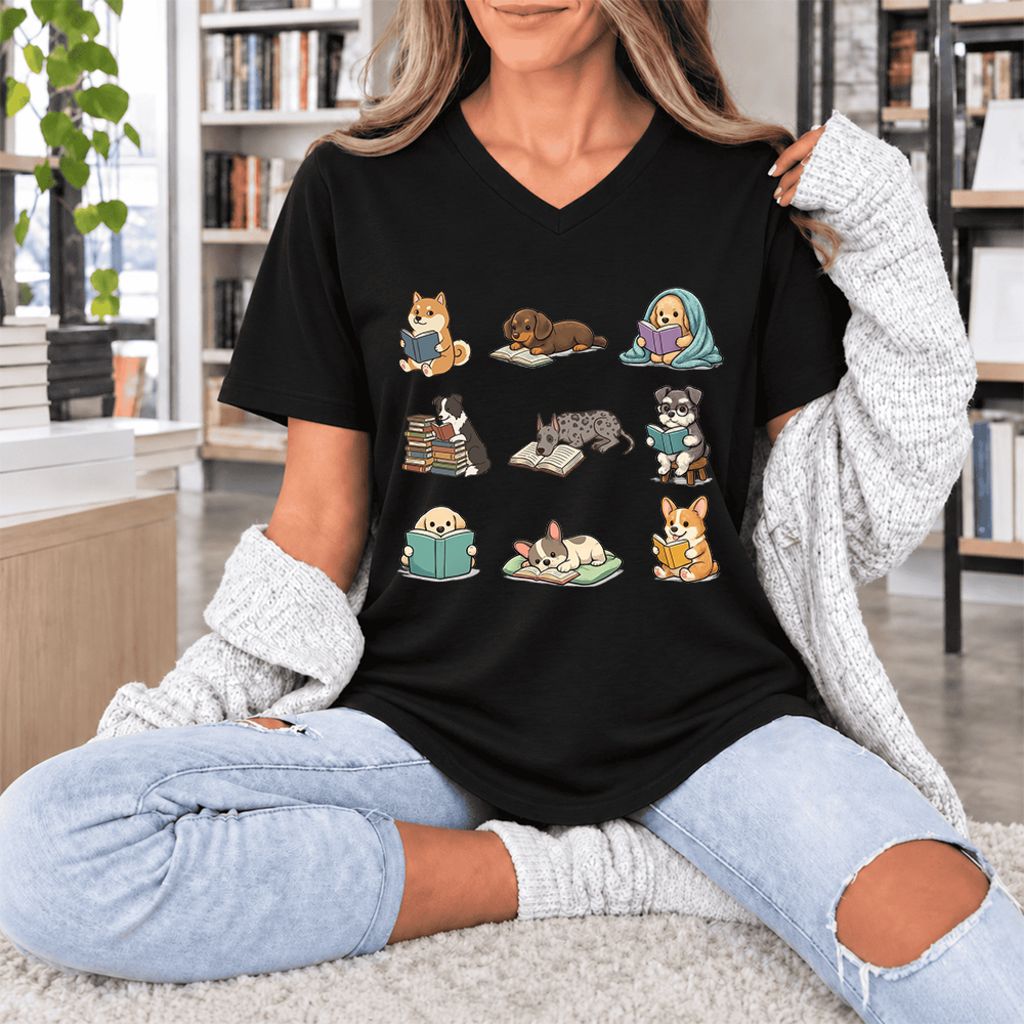 Funny Reading Dogs Ultra-Soft V-Neck | Dog Mom Reader Gift Black