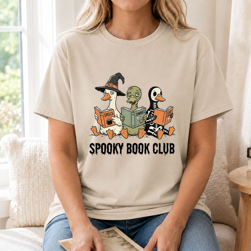 Spooky Book Club Printed T-Shirt | Halloween Book Lover Gift Sand