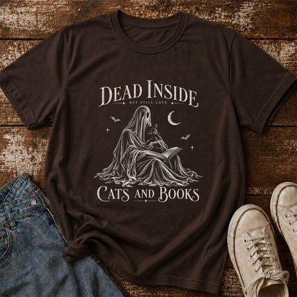 Dead Inside But Still Love Cats And Books Printed T-Shirt | Halloween Gift Dark Chocolate