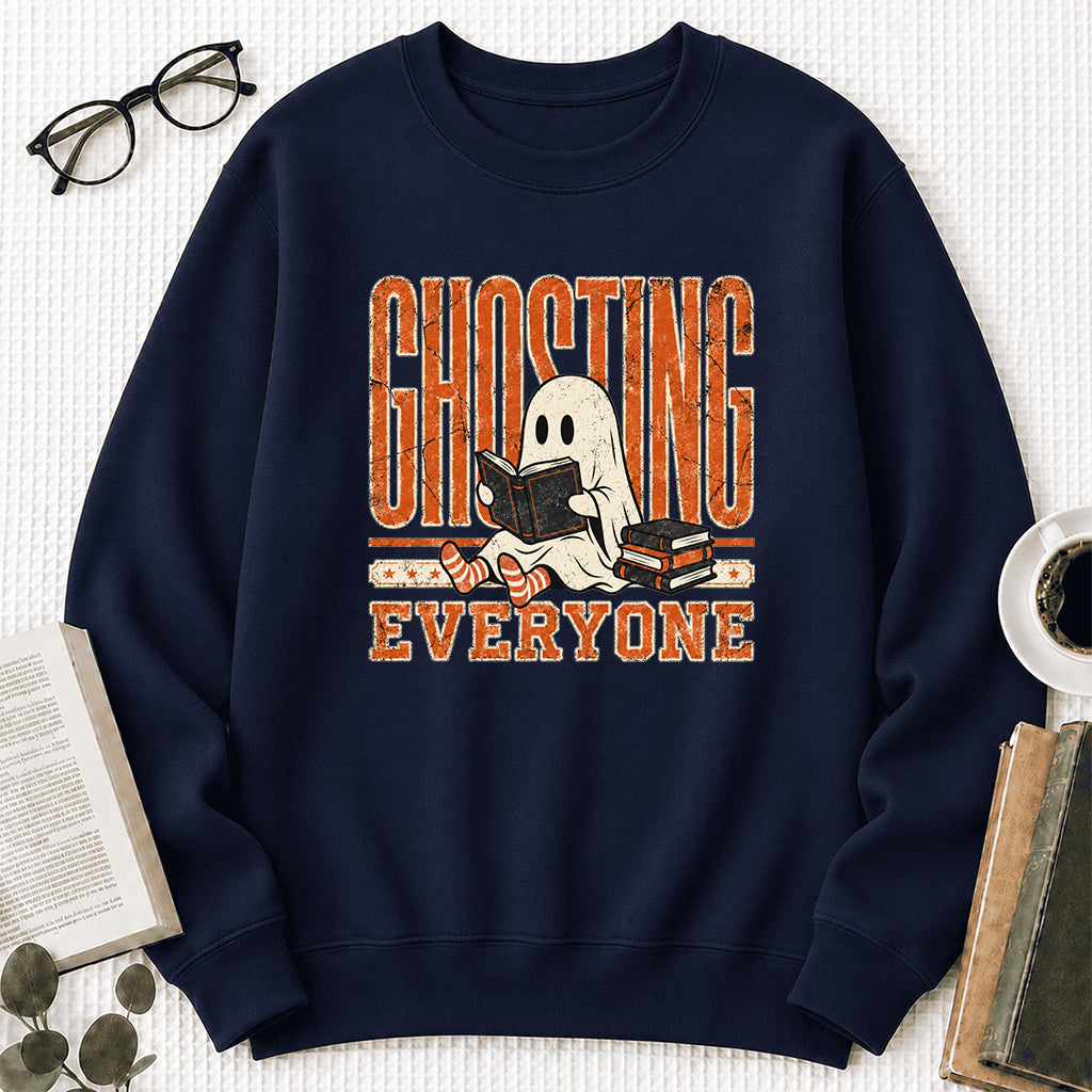 Ghosting Everyone Printed Sweatshirt | Halloween Book Lover Gift Navy
