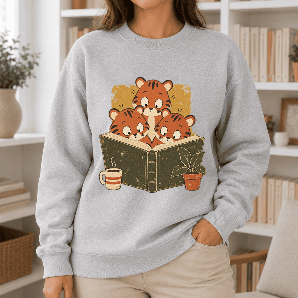 Minimal Japanese Tigers Reading Crewneck Sweatshirt | Reader Gift Sport Grey