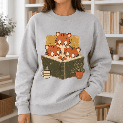 Minimal Japanese Tigers Reading Crewneck Sweatshirt | Reader Gift Sport Grey