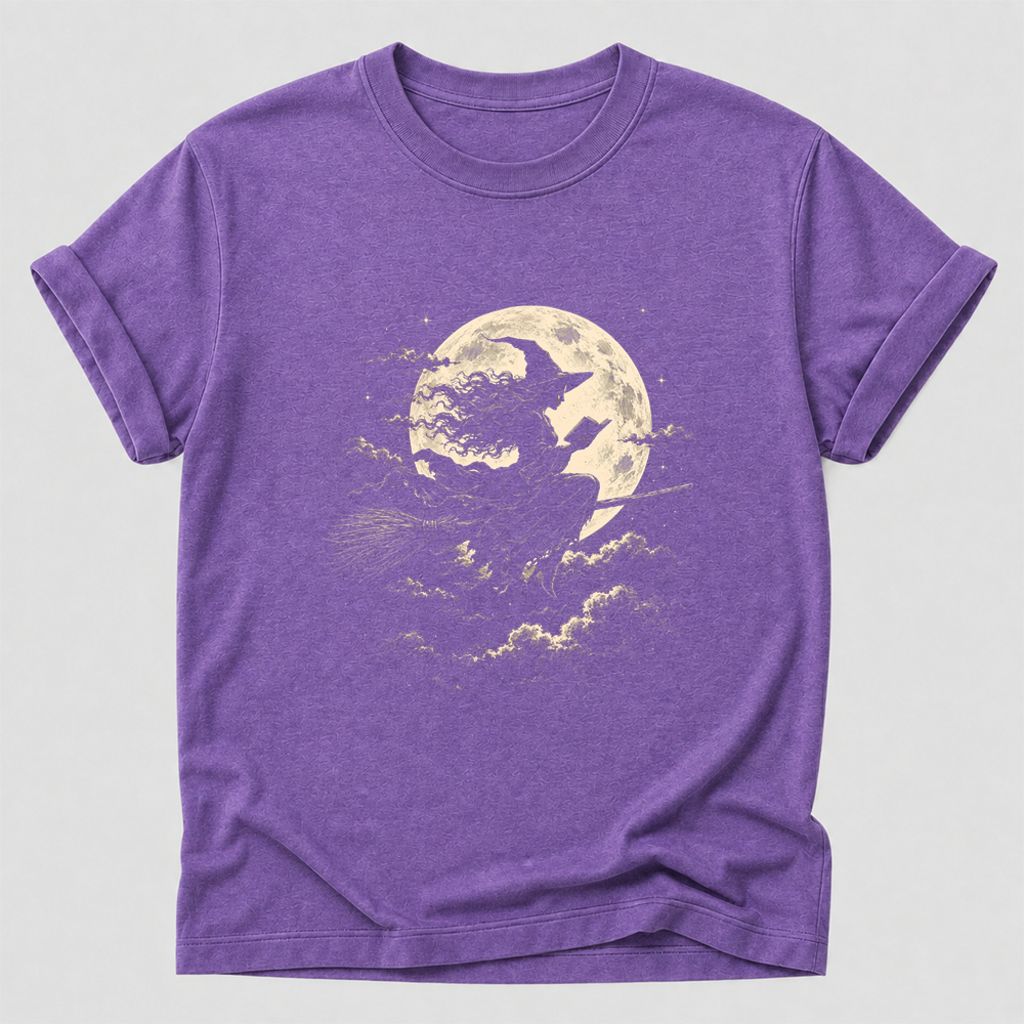 Reading Witch On The Flying Broom Printed T-Shirt | Halloween Book Lover Gift Heather Purple