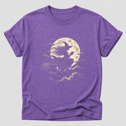 Reading Witch On The Flying Broom Printed T-Shirt | Halloween Book Lover Gift Heather Purple