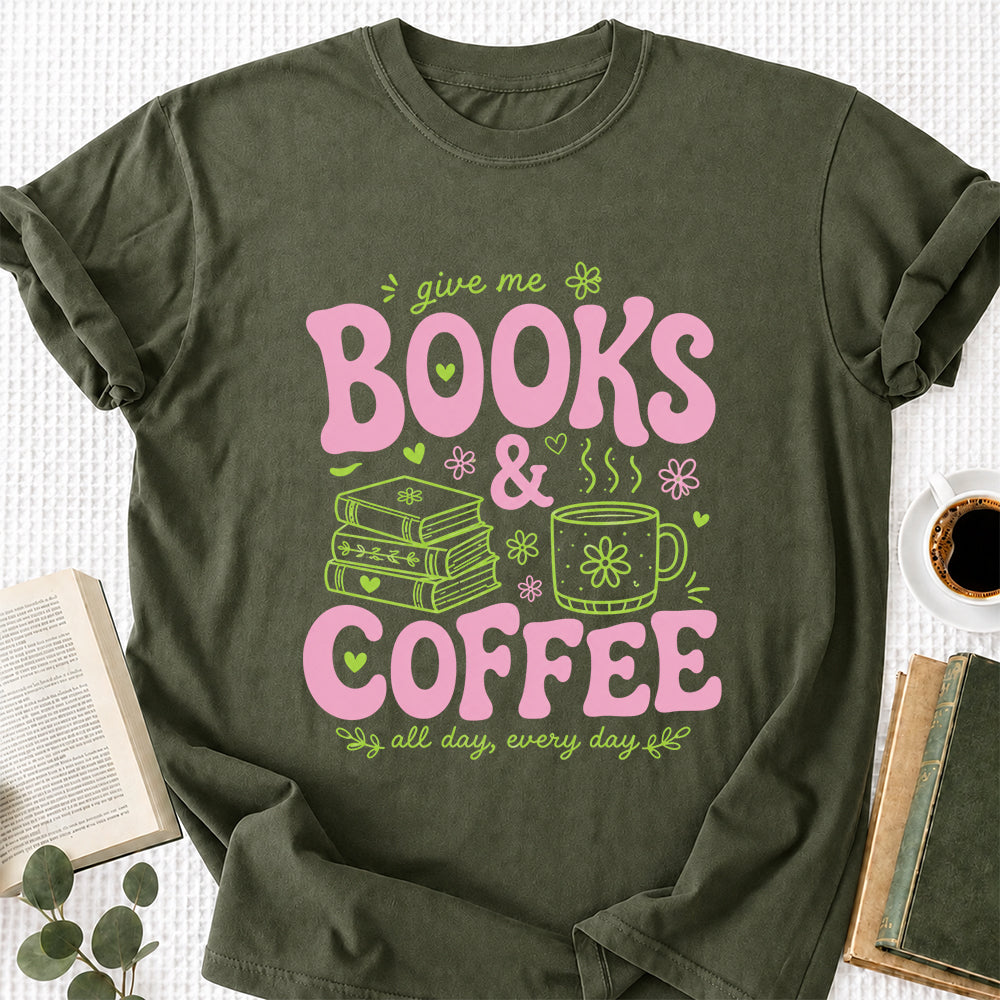 Books and Coffee Softstyle T-Shirt | Book Lover Gift Military Green