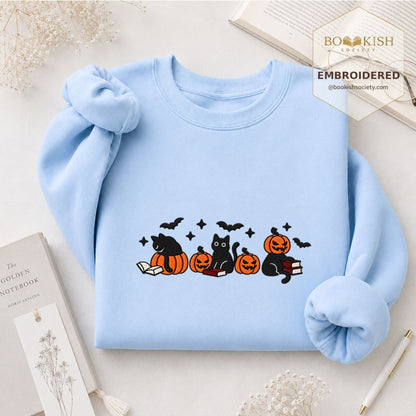 Black Cats And Halloween Embroidered Sweatshirt | Spooky Book Lover Gift Light Blue