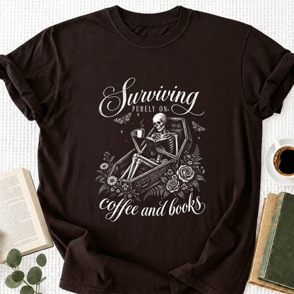 Surviving Purely On Coffee And Books Printed T-Shirt | Halloween Book Lover Gift Dark Chocolate
