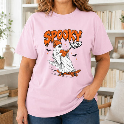 Spooky Vibes Printed T-Shirt | Halloween Book Lover Gift Light Pink