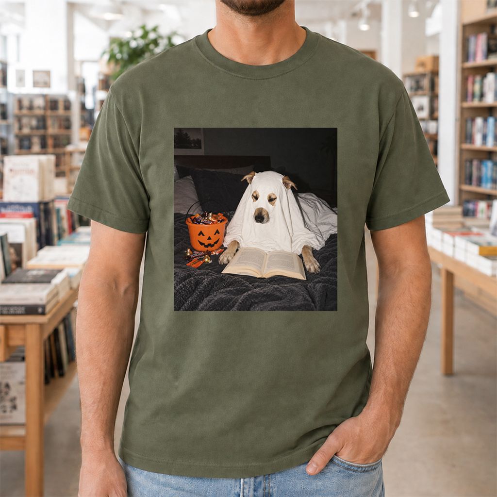 Cute Reading Ghost Dog Printed T-Shirt | Halloween Book Lover Gift Military Green