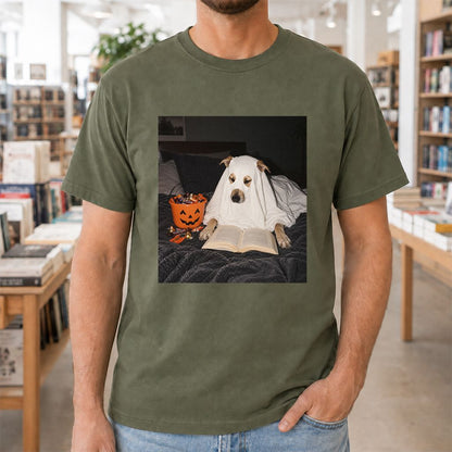Cute Reading Ghost Dog Printed T-Shirt | Halloween Book Lover Gift Military Green