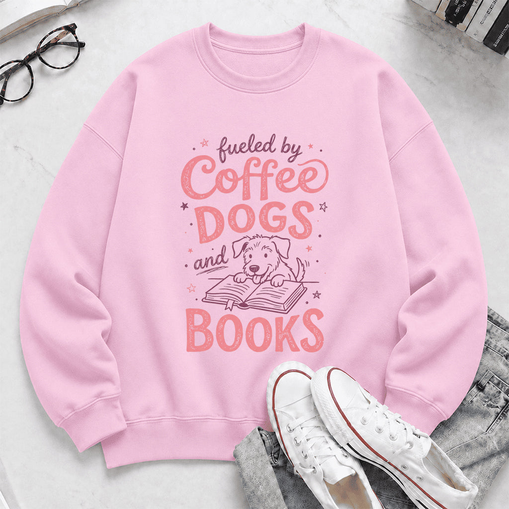 Fueled By Coffee, Dogs and Books Crewneck Sweatshirt | Coffee & Dog Lover, Reader Gift Light Pink