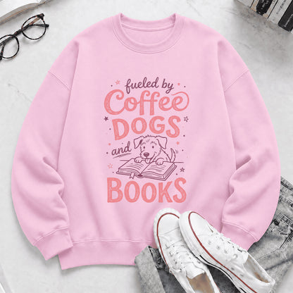 Fueled By Coffee, Dogs and Books Crewneck Sweatshirt | Coffee & Dog Lover, Reader Gift Light Pink