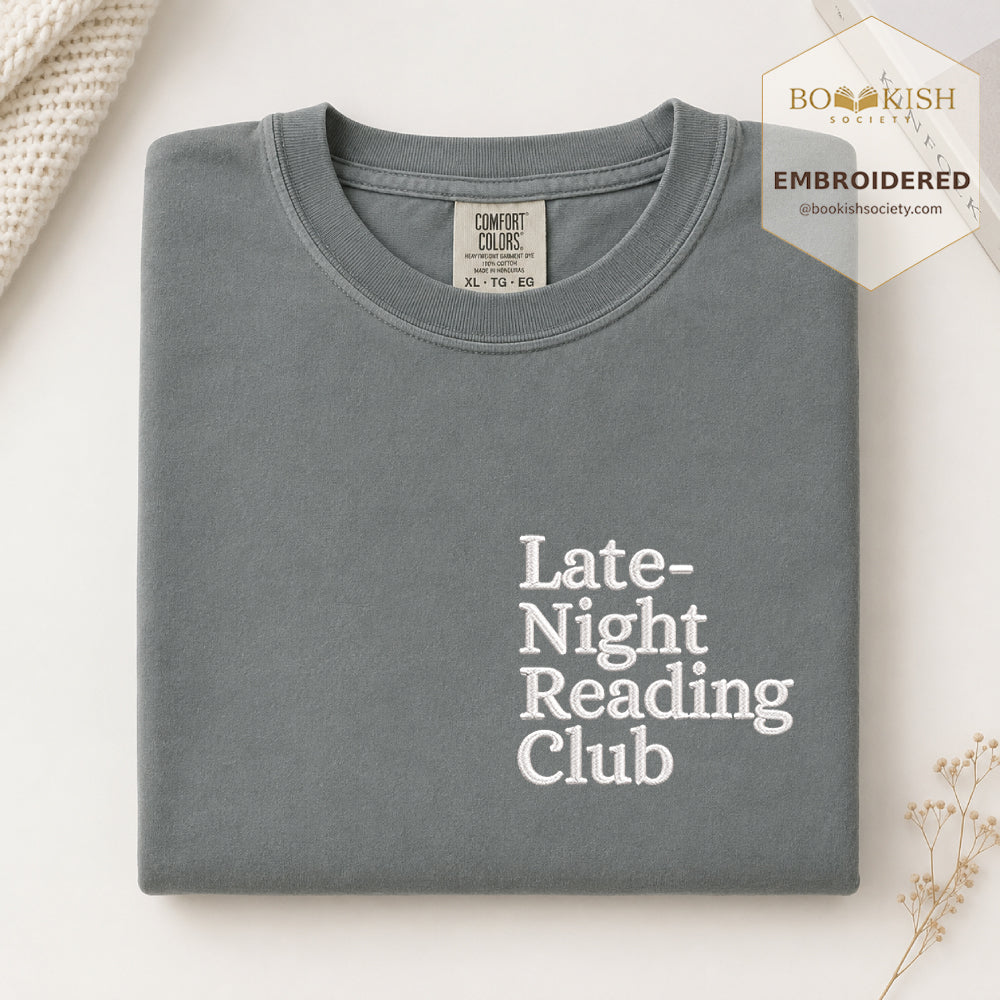 Late Night Reading Club Embroidered Comfort Color® T-shirt | Book Lover Gift Granite