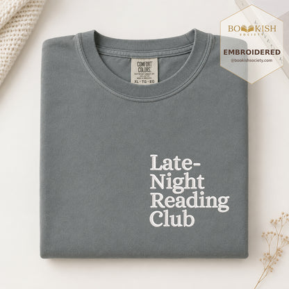 Late Night Reading Club Embroidered Comfort Color® T-shirt | Book Lover Gift Granite