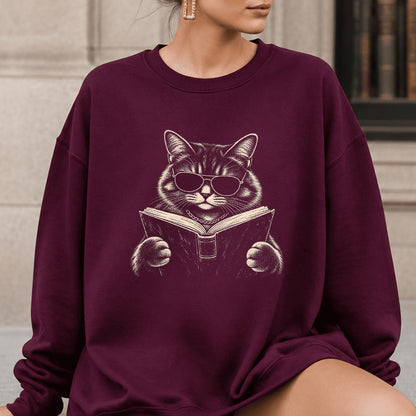 Cat Reading Book Crewneck Sweatshirt | Reader Gift Maroon