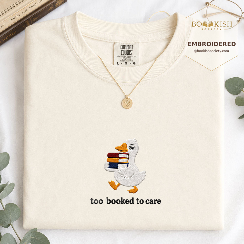 Too Booked To Care Embroidered Comfort Color® T-shirt | Book Lover Gift Ivory