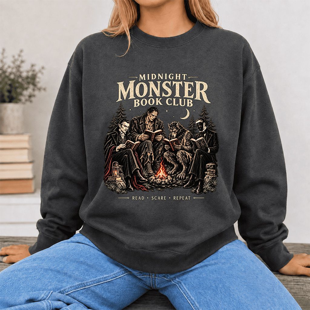 Midnight Monster Book Club Printed Sweatshirt | Halloween Book Lover Gift Dark Heather