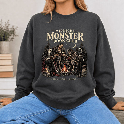 Midnight Monster Book Club Printed Sweatshirt | Halloween Book Lover Gift Dark Heather