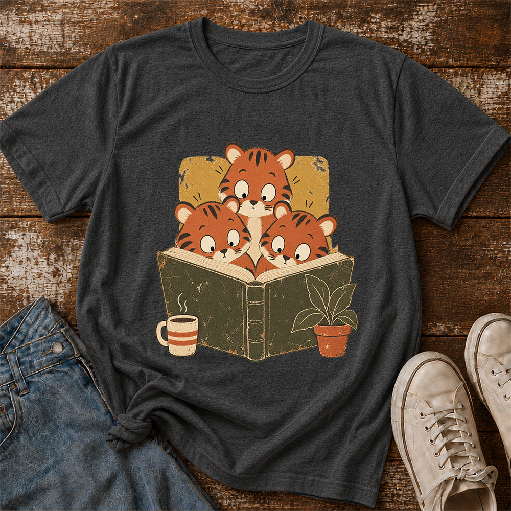 Minimal Japanese Tigers Reading Softstyle T-Shirt | Book Lover Gift Dark Heather