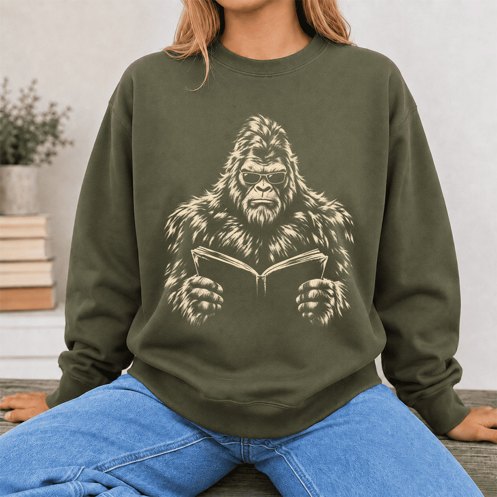 Big Foot Reading Book Crewneck Sweatshirt | Reader Gift Military Green