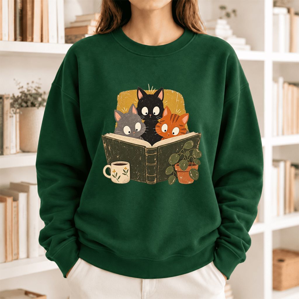Curious Reading Cats Softstyle Sweatshirt | Cozy Book Lover Gift Forest Green