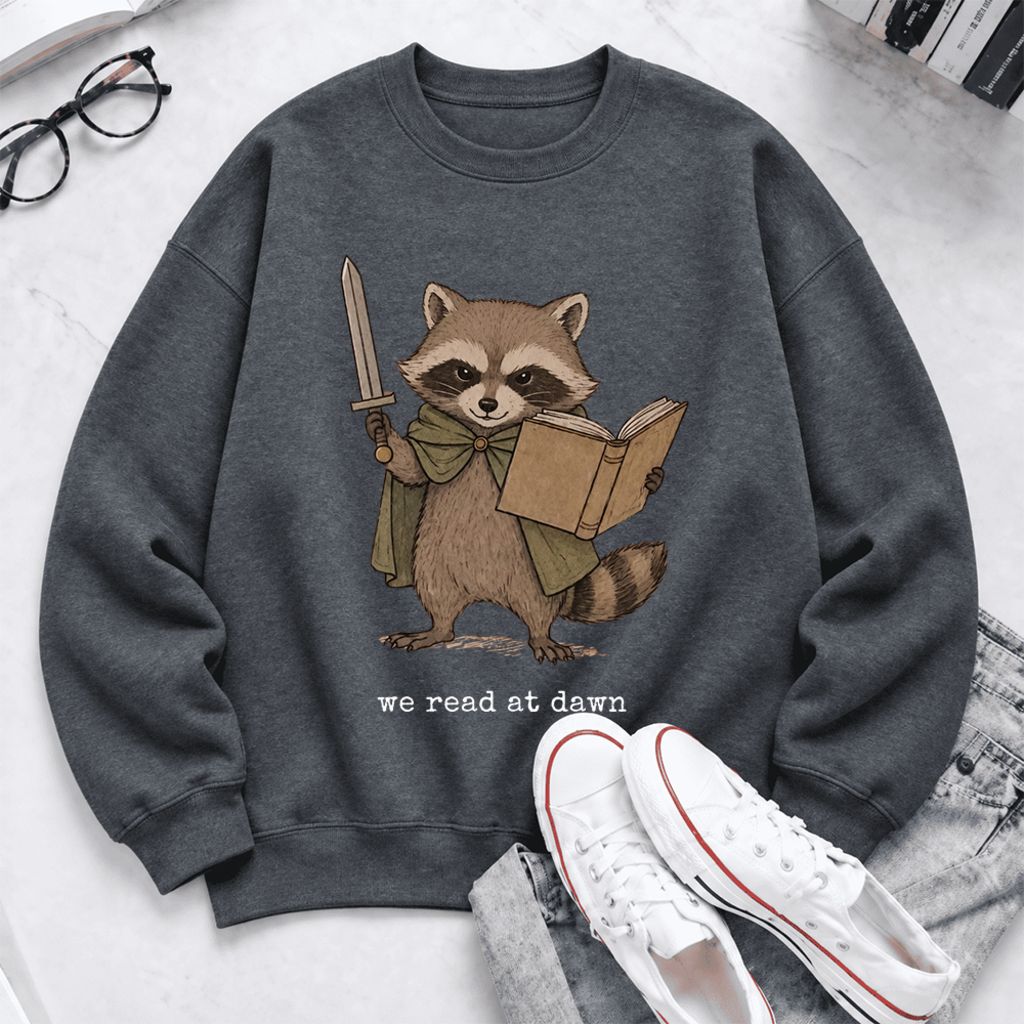 We Read At Dawn Funny Racoon Softstyle Sweatshirt | Cozy Book Lover Gift Dark Heather