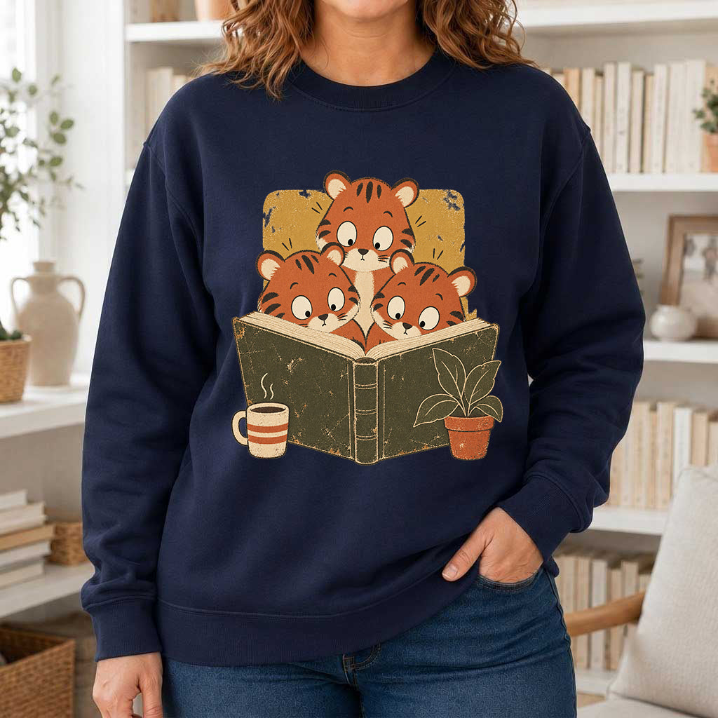 Minimal Japanese Tigers Reading Crewneck Sweatshirt | Reader Gift Navy