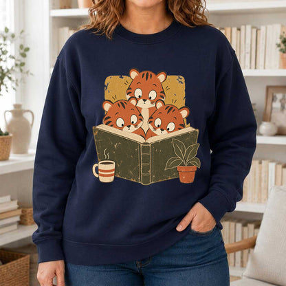 Minimal Japanese Tigers Reading Crewneck Sweatshirt | Reader Gift Navy