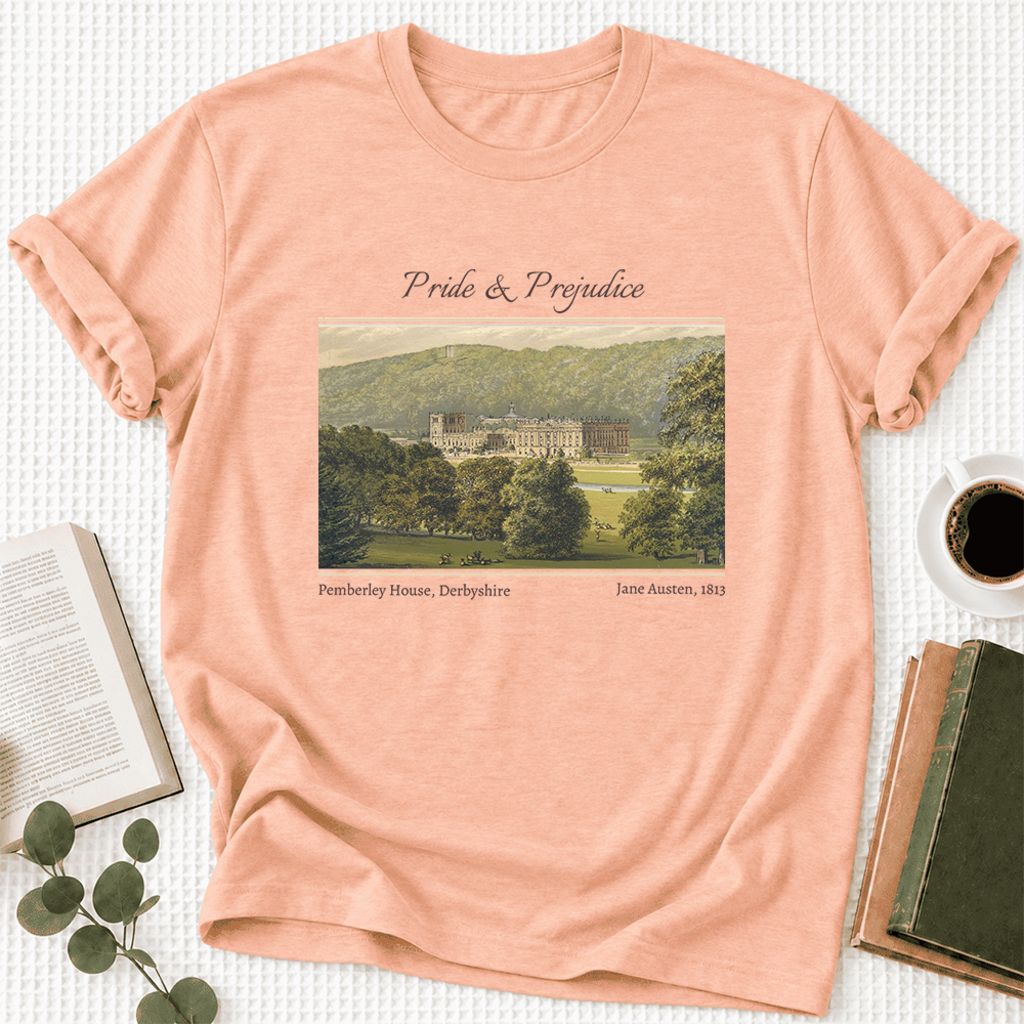 Pemberley House Pride And Prejudice Ultra-Soft Cotton T-Shirt | Gift Heather Peach