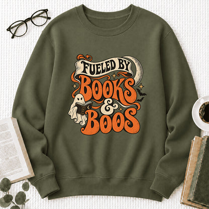 Fueled By Books & Boos Printed Sweatshirt | Halloween Book Lover Gift Military Green