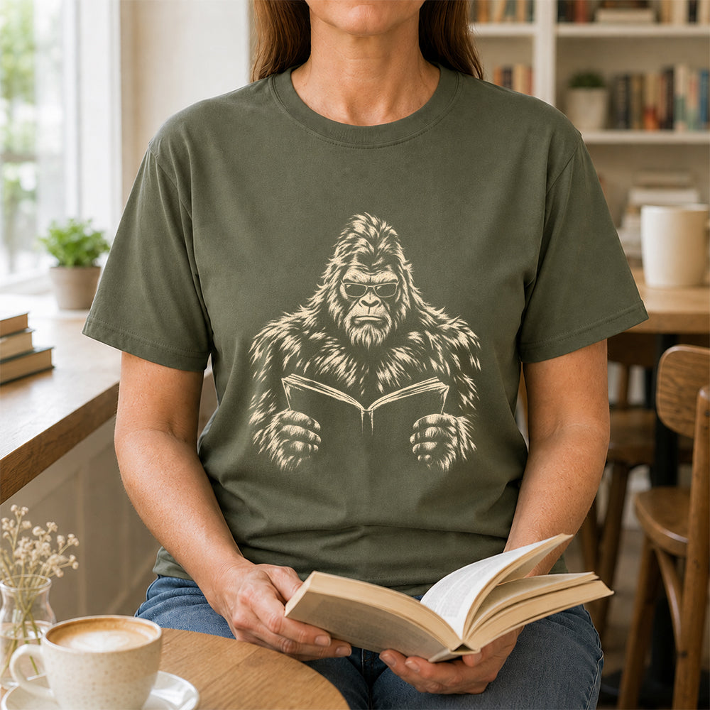Big Foot Reading Book Softstyle T-Shirt | Book Lover Gift Military Green