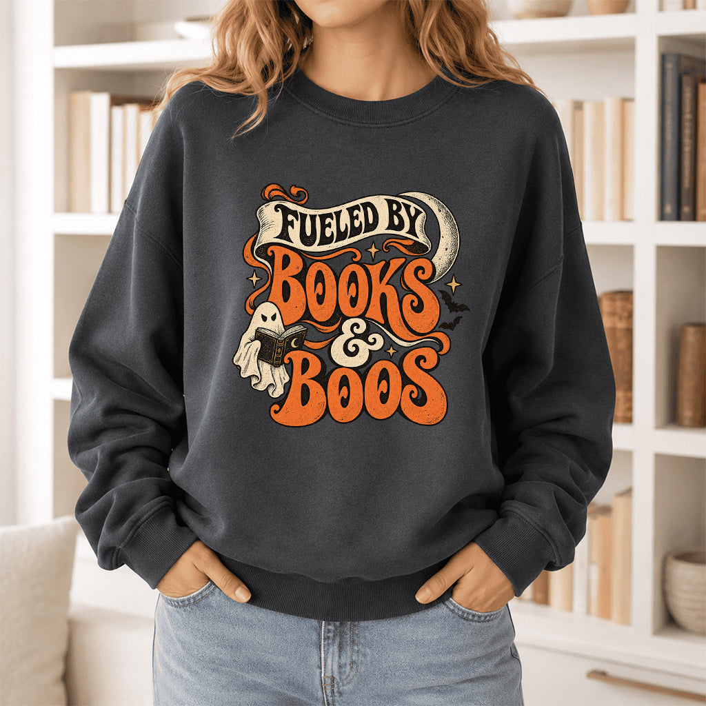 Fueled By Books & Boos Printed Sweatshirt | Halloween Book Lover Gift Dark Heather