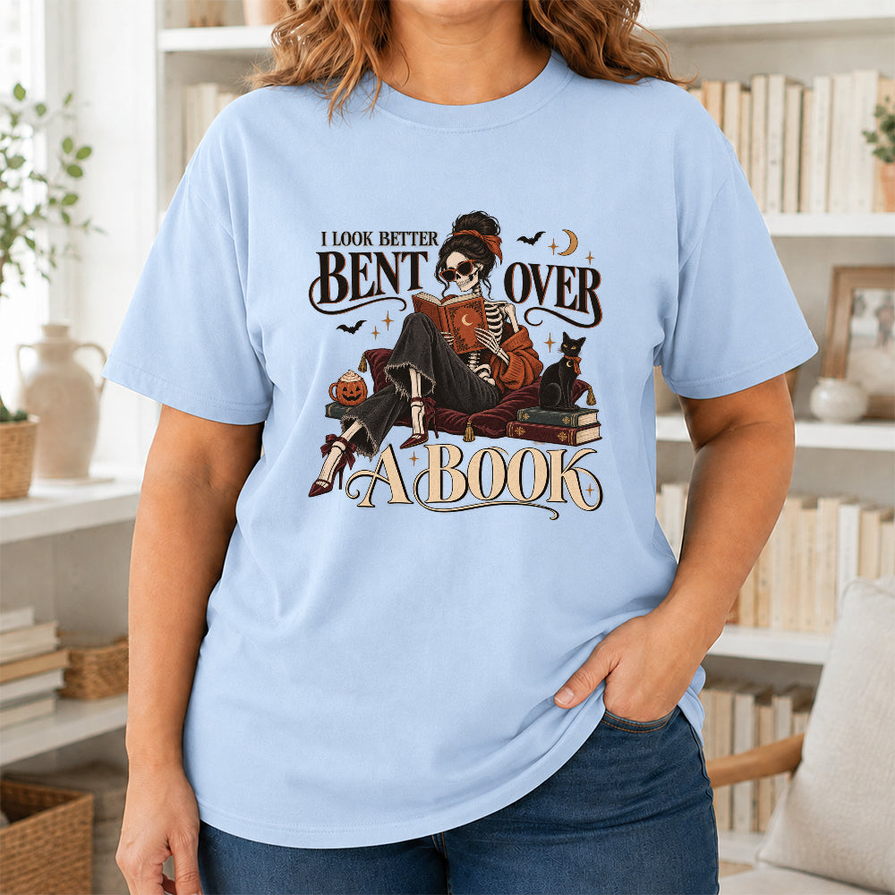 I Look Better Bent Over A Book Printed T-Shirt | Halloween Book Lover Gift Light Blue