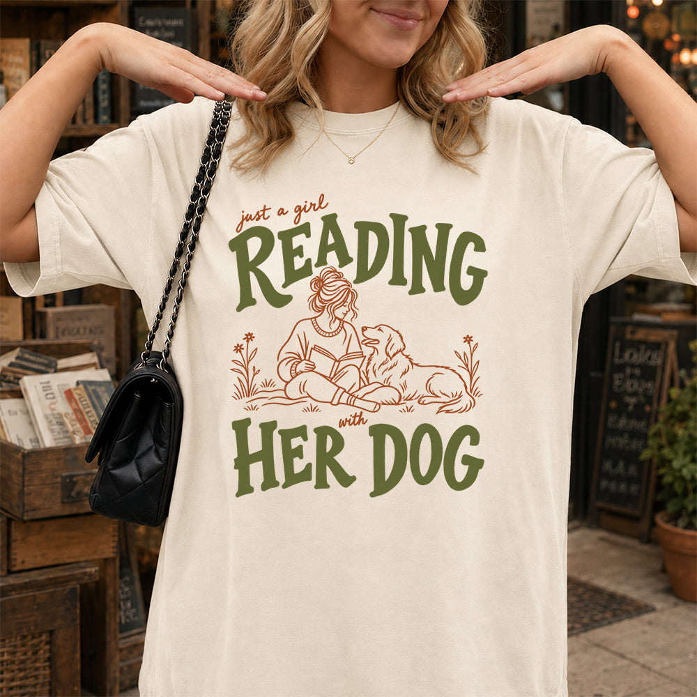 Just A Girl Reading With Her Dog Softstyle T-Shirt | Book Lover Gift Natural
