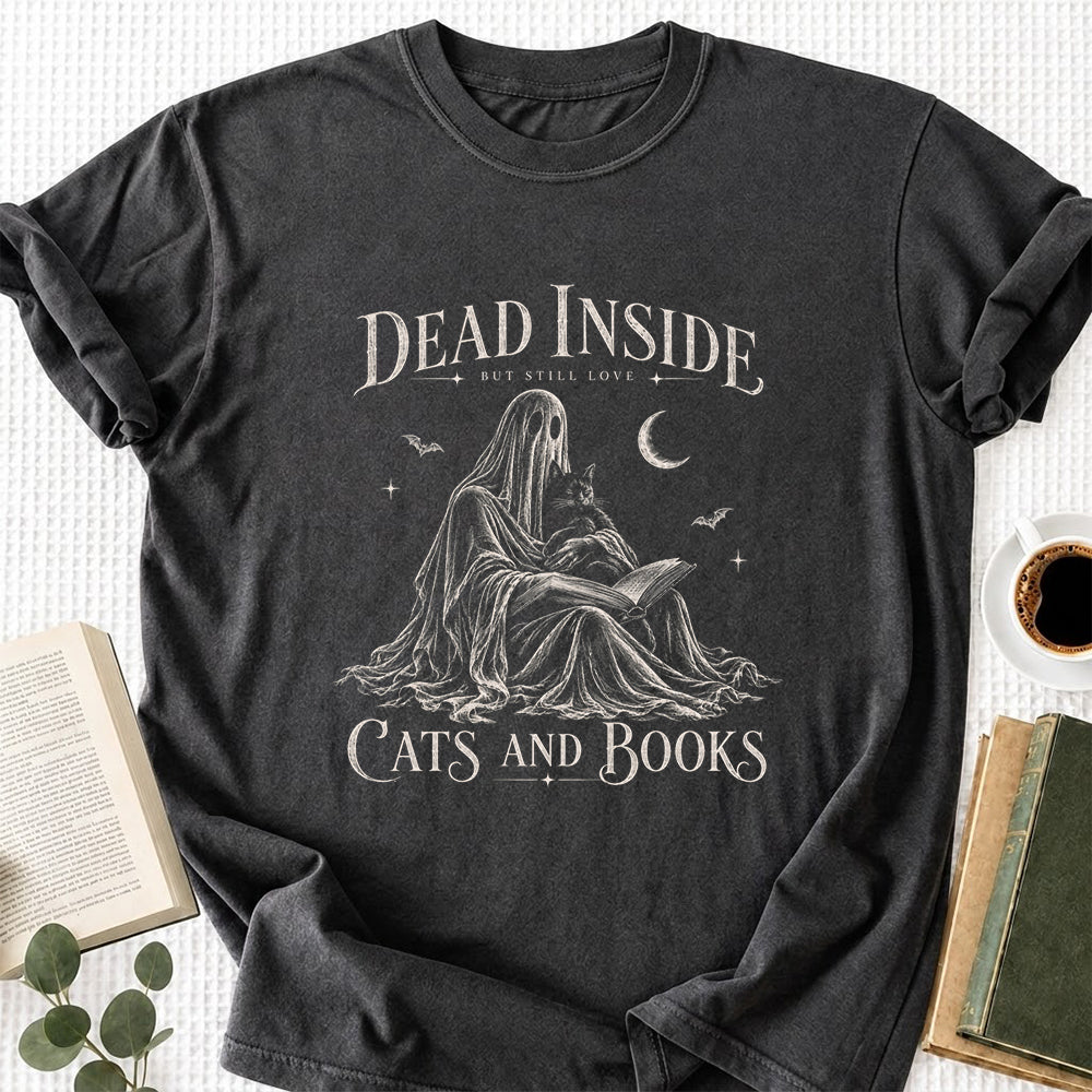 Dead Inside But Still Love Cats And Books Printed T-Shirt | Halloween Gift Dark Heather