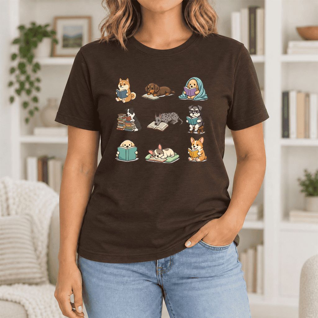 Funny Reading Dogs Ultra-Soft Cotton T-Shirt | Dog Mom Reader Gift Brown
