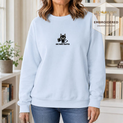 One More Chapter Devil Cat Embroidered Sweatshirt | Halloween Book Lover Gift Light Blue