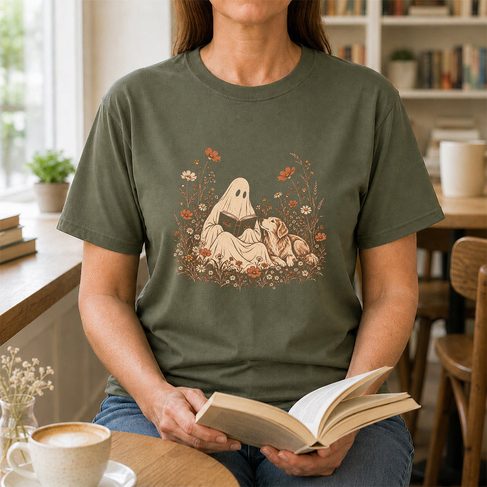 Ghost Wildflowers With Book And Golden Retriever Printed T-Shirt | Halloween Dog Lover Gift Military Green