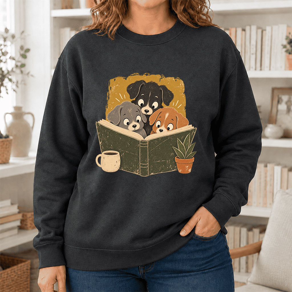 Minimal Japanese Dogs Reading Crewneck Sweatshirt | Reader Gift Dark Heather