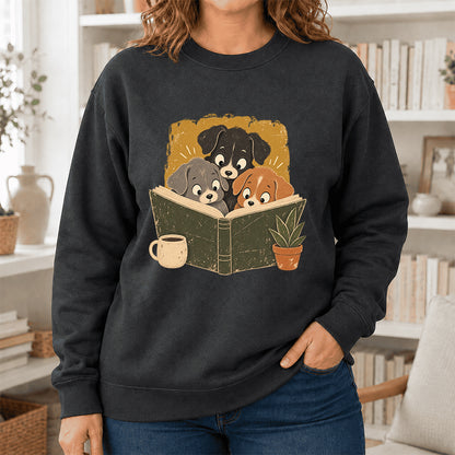 Minimal Japanese Dogs Reading Crewneck Sweatshirt | Reader Gift Dark Heather