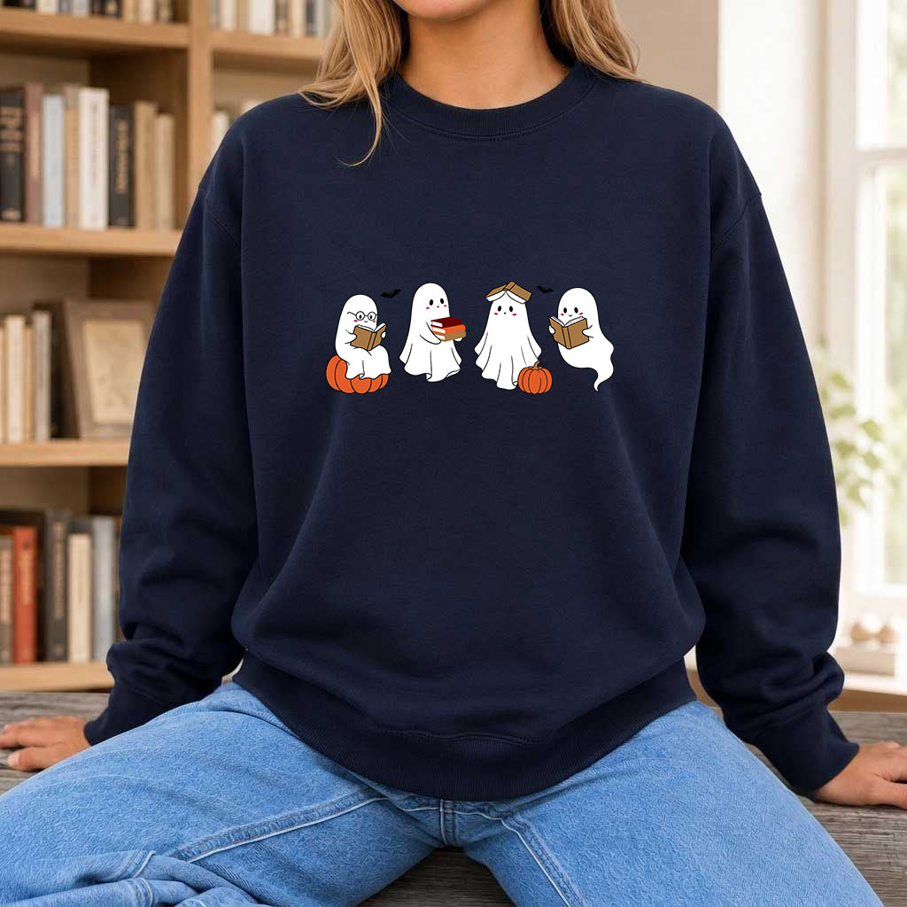 Halloween Ghosts Reading Printed Sweatshirt | Spooky Book Lover Gift Navy