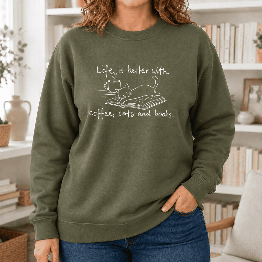 Funny Cats and Books Crewneck Sweatshirt | Reader Gift Military Green
